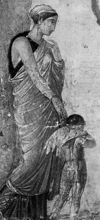 85. Пейто с Эротом. Настенная живопись из «Дома наказанного Амура» в Помпеях, около 25 г. н.э. Национальный музей, Неаполь. На богине серьги и браслет, одета она в ниспадающую по щиколотку столу, которая на плече скреплена фибулой. Волосы богини прикрыты тканью. 