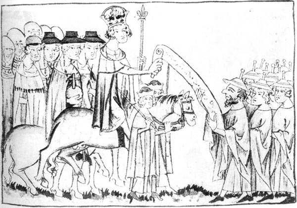 148. Генрих VII после коронации (1308) принимает еврейскую делегацию. Иллюстрация из Архива Бальдинея в Коблене. На членах традиционная еврейская одежда и шляпы с острым наконечником, предписанные евреям лютеранским церковным собором 1215 года. 