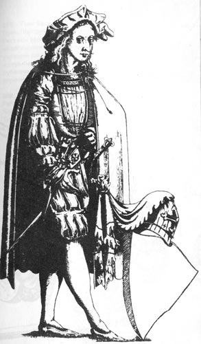 217. Нюрнбергский торговец. Немецкая гравюра 1610 года. На мужчине, под жилеткой с глубоким вырезом, надета присборенная рубашка. Плащ ассиметрично наброшен на плечи, рукава, штаны, прикрывающие колена, и берет-с разрезами. 