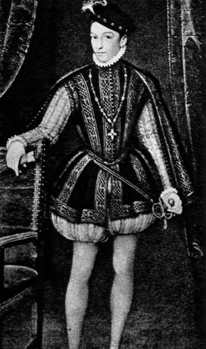 228. Жан Клуэ, Портрет Карла IX. Лувр, Париж. Вамс из того же светлого полосатого шелка, что и штаны, и короткий бархатный плащ составляли церемониальную придворную одежду. 