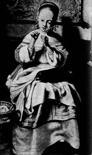 246. Николас Мас, Молодая девушка. Коллекция лорда Эллсмера, Эдинбург. Девушка с гладкими, около ушей слегка завитыми волосами и ниткой жемчуга. Рукава окаймлены мехом. 
