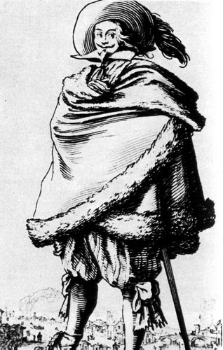 260. Дворянин с усами а ля Генрих IV. На нем рубенсовская шляпа с перьями, мягкий отложной воротник, присборенные у колен штаны с лентами, широкий плащ, отделанный мехом, и ботинки, украшенные цветами. 