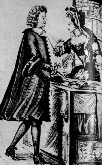 277. Продавщица белья. Гравюра, 1688. Национальная библиотека, Париж. На рисунках того времени «осиная талия» подчеркнута и стилизована больше, чем это было в действительности. 