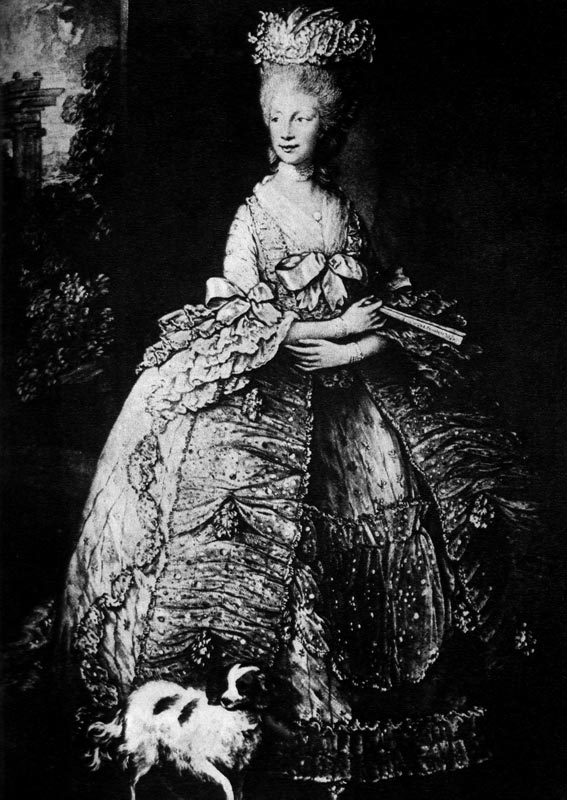 315. Томас Гейнсборо, Королева Шарлотта Английская. Придворное бальное платье с райфроком а ля франсэз. Прическа называлась пуф о сантиман (pouf аи sentiment). 