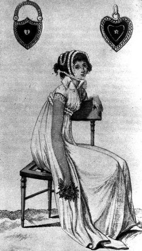 358. «Журналдедам», 1799 г.Парижская модная одежда конца столетия: сельский чепчик, украшенный тюлем. 