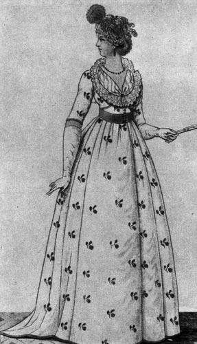361. «Журнал де дам», 1799 г. Лондонские дамы того времени носят шмизы самые разнообразные. У этой дамы вырез украшен кружевом, платье дополняет веер и длинные перчатки. 
