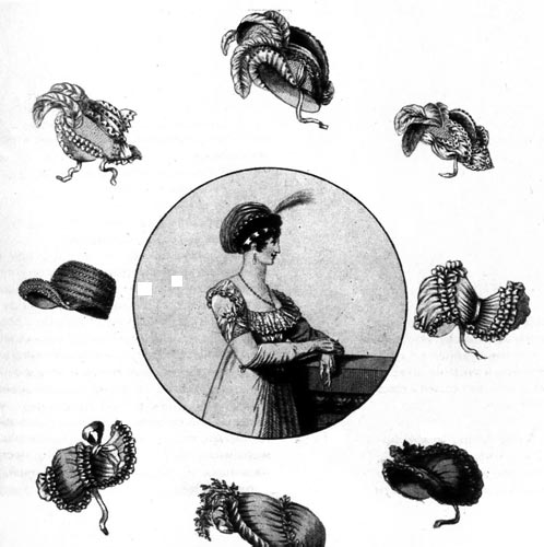 362. Из модного журнала, 1803 г. Рисунки модных шляпок и чепцов, которые носили к выходным платьям. 
