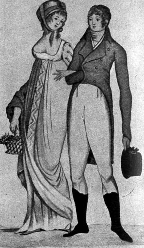 364. «Гамбургер Джёрнал дер Моде унд Элеганц», 1803 г. У дамы через руку переброшена шаль, мужчина одет во фрак и белые панталоны, на нем высокие сапоги. 