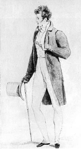 388.«Костюм паризьен», 1810 г. Мужской сюртук и узкие штаны, книзу переходящие в гамаши. Костюм дополняет цилиндр. 