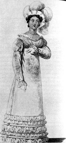401. «Винер Моден»(WienerModen), 1819г. Шляпа, богато украшенная страусовыми перьями, полагалась к выходному платью для особо торжественных случаев. 