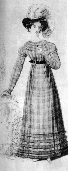 410. Из английского модного журнала, 1822г. Платье на каждый день из клетчатой ткани с темным поясом; шляпа со страусовыми перьями. 