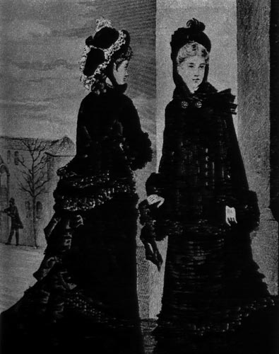 448. Из модного журнала,1875г. 3имние выходные платья имеют опять турнюры, они дополнены короткими жакетами, отделанными мехом. На обеих дамах шляпки, назыв. капот (capote).