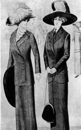 482. Дамские костюмы, 1912 г. Два варианта простого, прилегающего дамского костюма. 