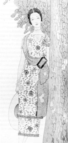 495. «Газет дю бон тон», 1924г. Модель Пуаре. Летнее платье из набивной ткани с цветочным узором с широкой лентой дополнено флорентийской шляпой. 