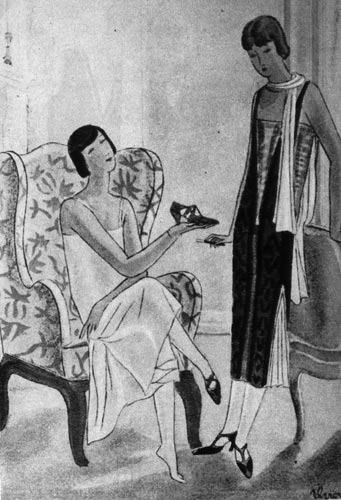 496. «Газет дю бон тон», 1924г. Рубашкообразные платья с бретельками часто дополняются шалью. 