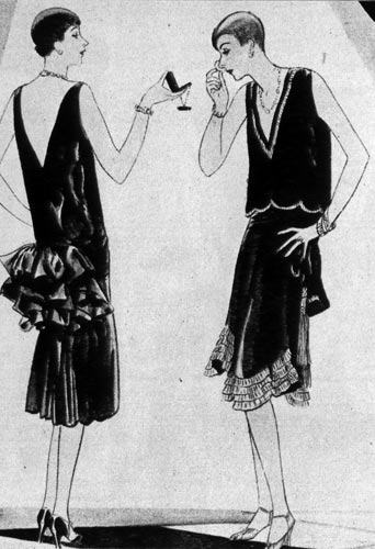 498. «Вог», 1926 г. Вечерние платья становятся все короче. Спереди и сзади глубокий треугольный вырез. Платья часто украшаются плиссе или воланами. Вместо сложных причесок все более популярна юношеская стрижка, т. н. бубикопф. 