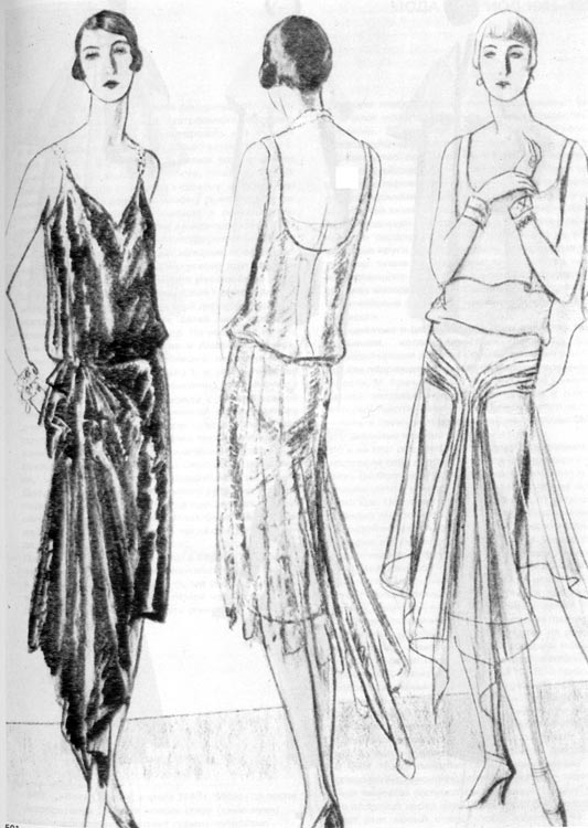 501. «Вог», 1928г. Присборенные вечерние платья с большим вырезом и на бретельках, из легкой, прозрачной ткани. 