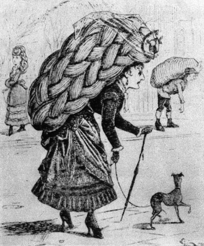 549. «Панч» (Punch), 1873 г. «Кто должен носить это бремя?» или «Тяжелый труд». Карикатура содержит намек на вес искусственных украшений в волосах в соответствии с требованиями моды. 