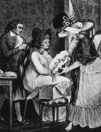 557. За туалетом. Английская гравюра, около 1870 г. Наибольшей величины достигают парики незадолго до Французской революции. К их размерам приспосабливаются и чепцы (dormeuse), пышно декорированные сборками и лентами. 