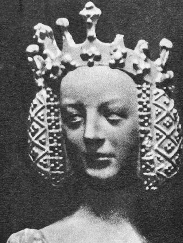 586. Изабелла Баварская. Конец XIV века. Дворец в Пуатье. Корона французских королев дополнена сеткой, закрывающей волосы. 