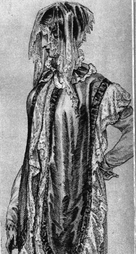636. «Костюм паризьен», 1809 г. Прозрачная вуаль с кружевом дополняет платье свободного покроя, которое носится с кружевной шалью. 