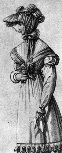 639. «Винер Моден», 1823 г. Шляпа «шуте» из присборенной материи украшена цветами и свободно завязана под подбородком. 