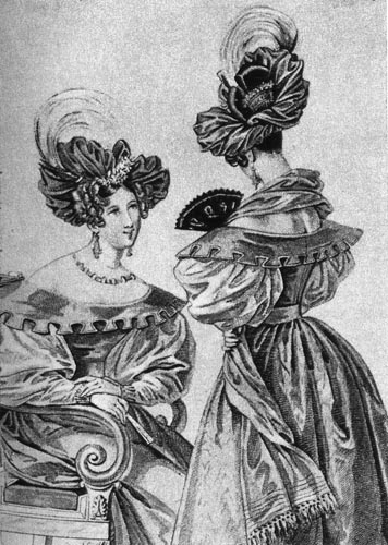 643. «Ла Мод»(La Mode), 1832 г. К платьям из муара дамы носят тюрбаны, украшенные перьями райских птиц. 