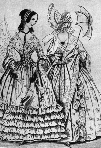 645. «Ла Газет де Салон» (La Gazette des Salons) 1839 г. Платья для прогулок с воланами на юбках дополняет солнечный зонтик, так наз. кникер (knicker). У девушки прическа а ля Севинье, у женщины на голове шляпа «шуте». 