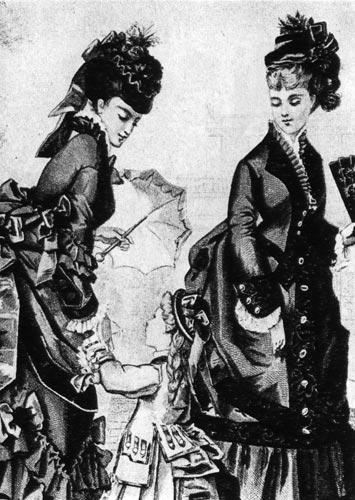 649. Из журнала мод, 1862 г. Модное платье с кринолином, воланами, кружевом и позументами. 