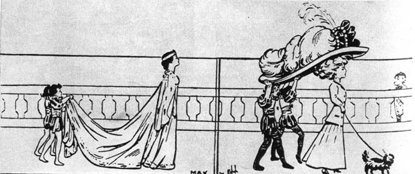 662. «Пикториэл Комеди» (Pictorial Comedy), Лондон, 1908 г. «XV и XX столетия». Карикатура на вечно неудобную дамскую моду. 