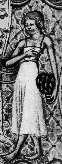 752. Библия Вацлава IV. Около 1400 г. Австрийская национальная библиотека. Вена. Рубашки пражских банщиц в XV веке мало чем отличались от тех, которые носили в предшествующий период. Они тоже были на бретелях, вырез украшала узорчатая кайма, на голове у банщиц некое подобие тюрбана. 