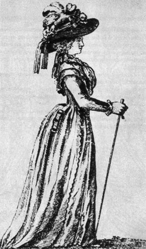 777. «Модеальманах» (Modealmanach), 1786-1788 гг. Туалет немецкой дамы состоит из широкополой шляпы с лентами и перьями и из платья сжабо; модный аксессуар-тонкая трость. 