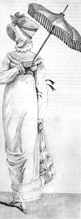 781. «Костюм паризьен» (Costumes parisiens), 1812 г. Соломенная шляпа, украшенная лентой. Китайский солнечный зонтик. 