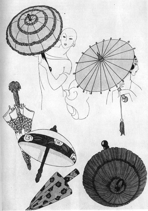 785. «Вог» {Vogue}, 1928 г. Солнечные зонтики тридцатых годов имеют различную форму и узор. Справа вверху — солнечный зонтик китайского типа. У солнечных зонтиков делается ручка с утолщенной рукоятью. 