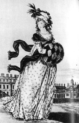 791. «Гэллери ов Фэшн» (Gallery of Fashion), Лондон, 1796 г. Дообеденные платья шьются из тонкого пестрого материала. Туалет дополняет перевязь, тюрбан и огромная муфта. 