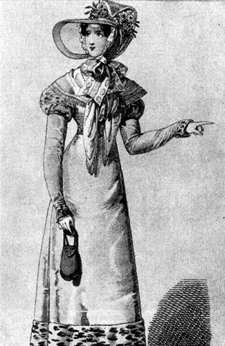 795. «Винер Моден» (Wiener Moden), 1821 г. Сумочка из ткани в стиле ампир имеет овальную Форму. Она является аксессуаром к платью с завышенной талией. Туалет дополняет высокая шляпа а ля Памела. 