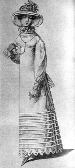 809. «Винер Моден», 1819г. К платью для прогулок, согласно венской моде того времени, надевалась шляпа, украшенная цветами. Платье было совершенно закрытое, с завышенной талией и кружевным воротничком. Узкие рукава заканчивались манжетами, наполовину прикрывающими кисть руки. 