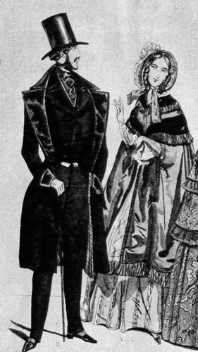 829. Из «Альгемзйне Моденцайтунг» (Atlgemeine Modenzeitung), 1842 г. На мужчине выходной костюм с цилиндром и тростью. 
