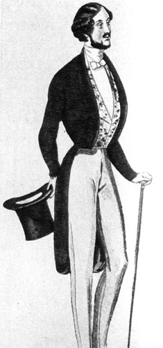 832. Из английского модного журнала, 1875 г. На мужчине сюртук с  длинными светлыми брюками, накрахмаленная рубашка и пестрый жилет. 
