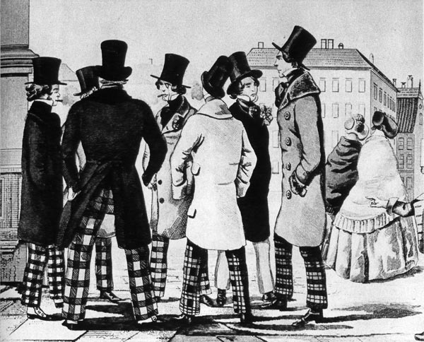 878. Литография Ламса по И. В. Цинке. Карикатура середины XIX века высмеивает моду на клетчатые брюки. 