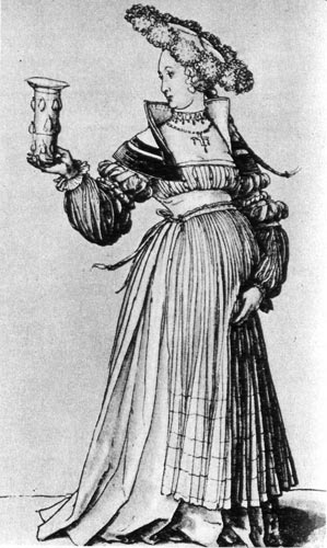 912. Ганс Гольбейн Младший, Базельская женщина, этюд. Кабинет гравюр по меди, Базель. Платье в стиле Ренессанс на горожанке имеет четырехугольное декольте, воротник стойкой и длинные рукава с прорезями. 