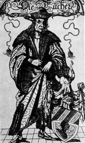 934. Немецкий суконщик, 1620 г. Плащ Schaube из узорчатой материи посажен на меховую подкладку. Из того же меха сделан воротник и берет. 