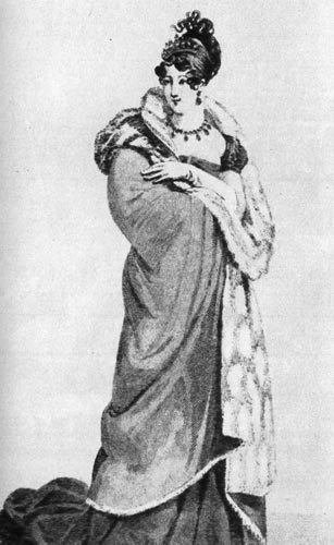 959. «Костюм ларизьен»(Costumes parisiens), 1812г. Прическа «по-китайски», дама одета в пальто pelisse. 
