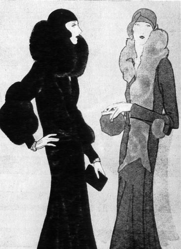 960. «Вог»( Vogue). 1928г. Вечерние платья украшены высокими меховыми воротниками, узкие, но не приталенные. Туалет дополняют шляпки, плотно облегающие голову. 