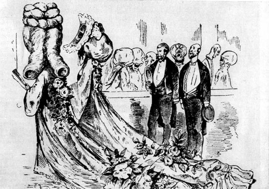 3. «Журнал амюзан» (Journal amusant), Париж, 1868 г. Карикатура на высокие парики и длинные шлейфы времен Наполеона III, которые окончательно искажали естетственные пропорции.
