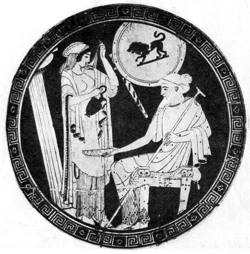 65. Женщина наливает вино старцу. Роспись на дне килика V век до н.э. Лувр, Париж. Оба одеты в хитоны, ниспадающие складками; коме того, на старце - гиматион, а на женщине - хламис. 