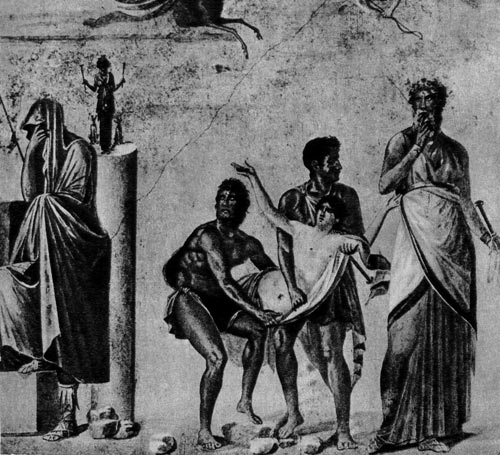 93. Жертвоприношение Ифигении. Настенная живопись из Помпеи, около 65 г. н. э. Национальный музей, Неаполь. У Агамемнона (слева) вся голова закрыта тогой, на ногах у него- высоко зашнурованные сандалии (калцеи). На мужчинах, несущих Ифигению, короткие плащи и хламиды; жрец (справа) одет 8 тунику и плащ. 