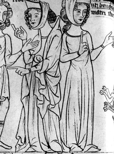 142. Типичное модное убранство женской головы в готическую эпоху: тюрбан с покрывалом, волосы или свободно распущены (справа) или придерживаются сеточкой. Женские фигуры из Библии Велислава, около 1340 г. Государственная библиотека, Прага. 
