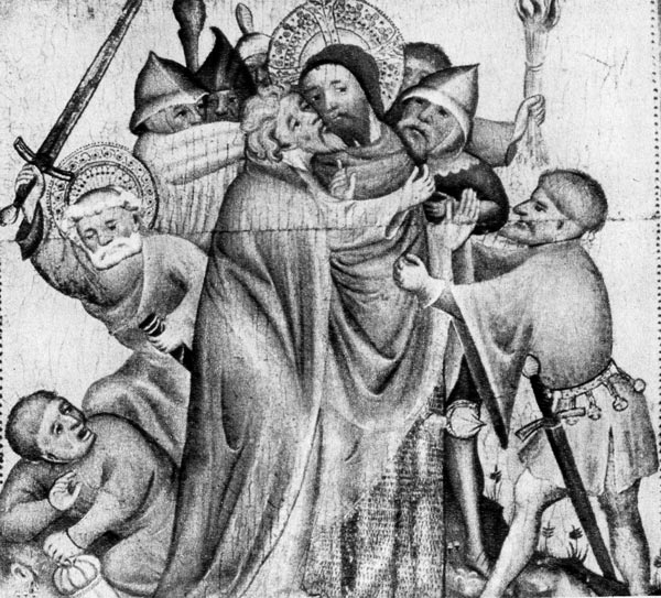 155. Нижнесаксонский мастер, Взятие Христа под стражу. На мужчине справа короткая туника с бубенчикам и —это явное влияние бургундской моды. 