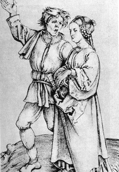  206. Альбрехт Дюрер, Крестьянин и крестьянка. Гравюра на меди. Мужчина одет в типичную сельскую одежду, женщина - в платье с расширенными рукавами. 